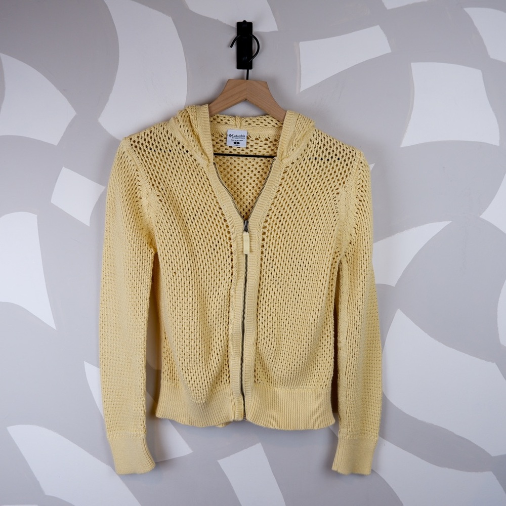 Y2K Columbia Pale Yellow Mesh 100% Cotton Zip Up Sweater | S